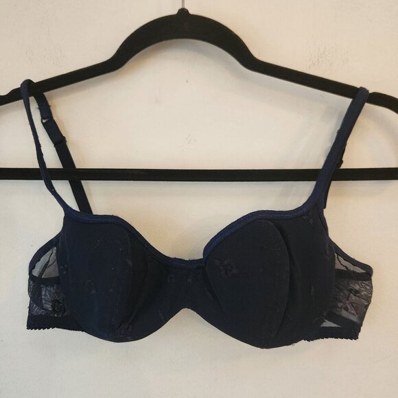 Vintage Lace Bra Navy Blue Embroidered Floral Lingerie Annette Size 34B - Picture 1 of 7